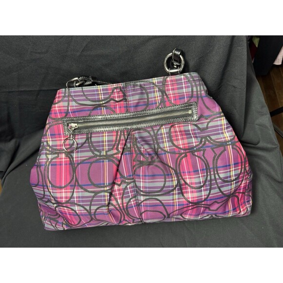 Coach Poppy Tartan Plaid Glamour Glitter Tote Bag Purse F15480 Pinks Purples - Picture 3 of 10